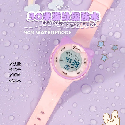 Children's Watch Cartoon Cat Shaped Dial Luminous Waterproof Swimming Alarm Clock Digital Electronic Boys and Girls Baby Watch