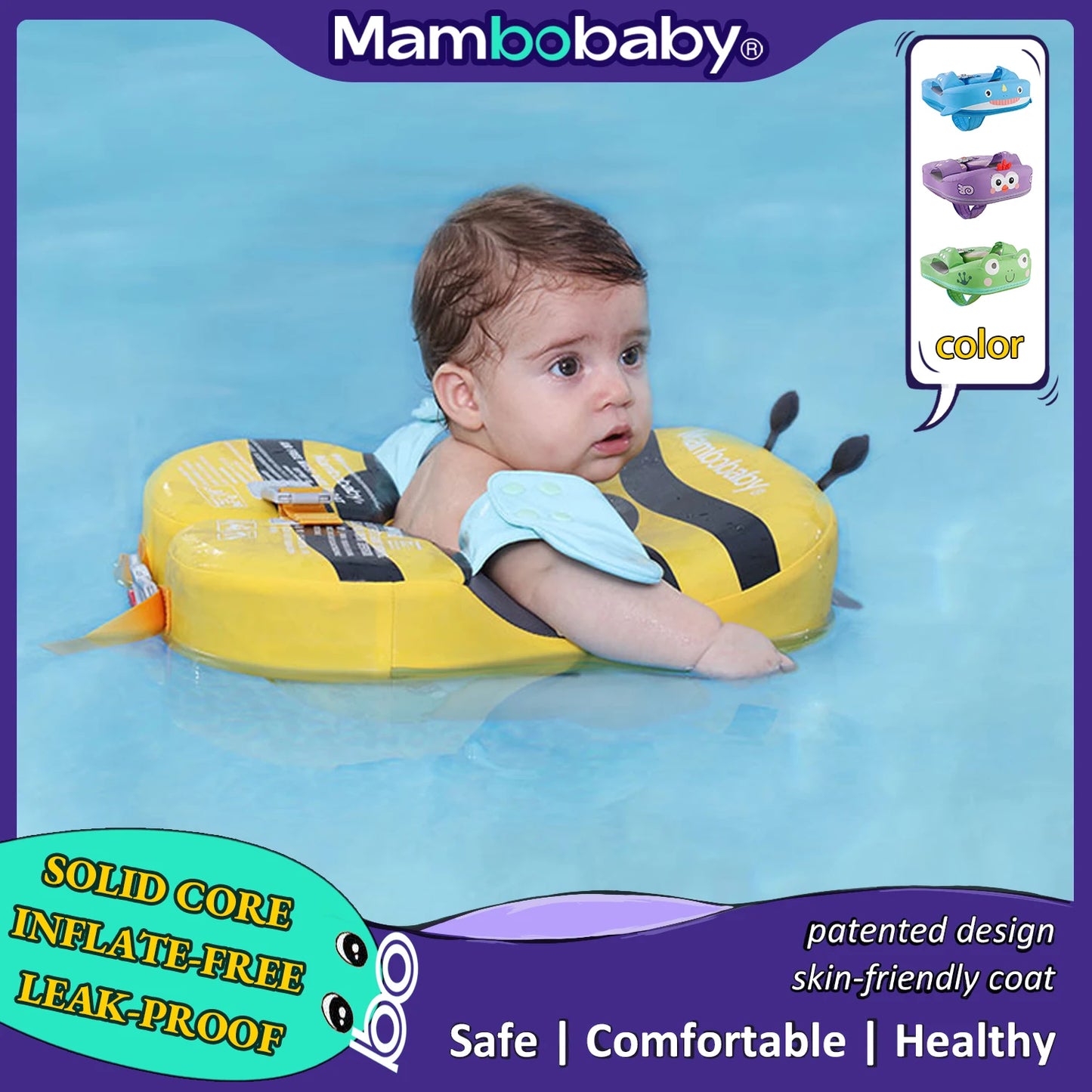 Baby Float With Crotch Strap & Inflation-free Solid Core Mambobaby Kid Swimming Ring Have Sunshade 0-7 Yeas Old Swim Pool Tube