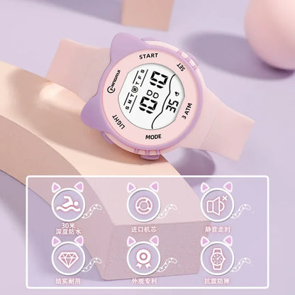 Children's Watch Cartoon Cat Shaped Dial Luminous Waterproof Swimming Alarm Clock Digital Electronic Boys and Girls Baby Watch