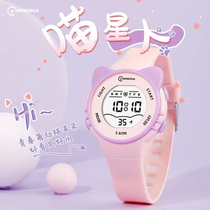 Children's Watch Cartoon Cat Shaped Dial Luminous Waterproof Swimming Alarm Clock Digital Electronic Boys and Girls Baby Watch